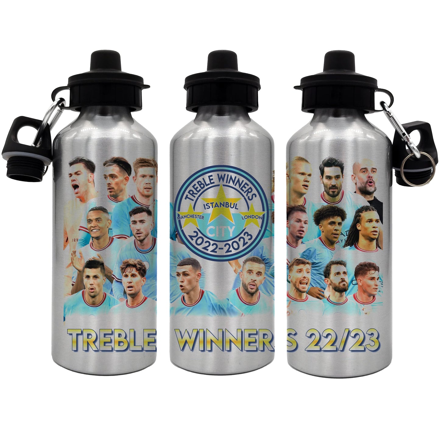 City Treble Winners Squad 2-Lid Aluminium Water Bottle 600ml Silver