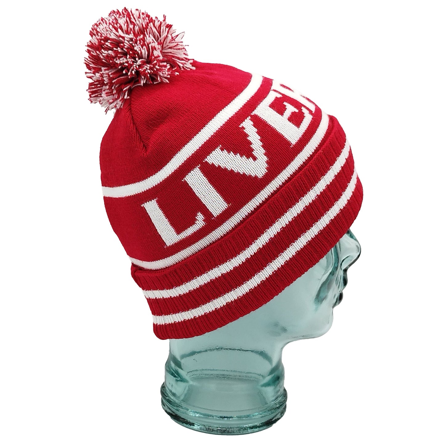 Red & White Liverpool Bobble Hat Ribbed Cuff