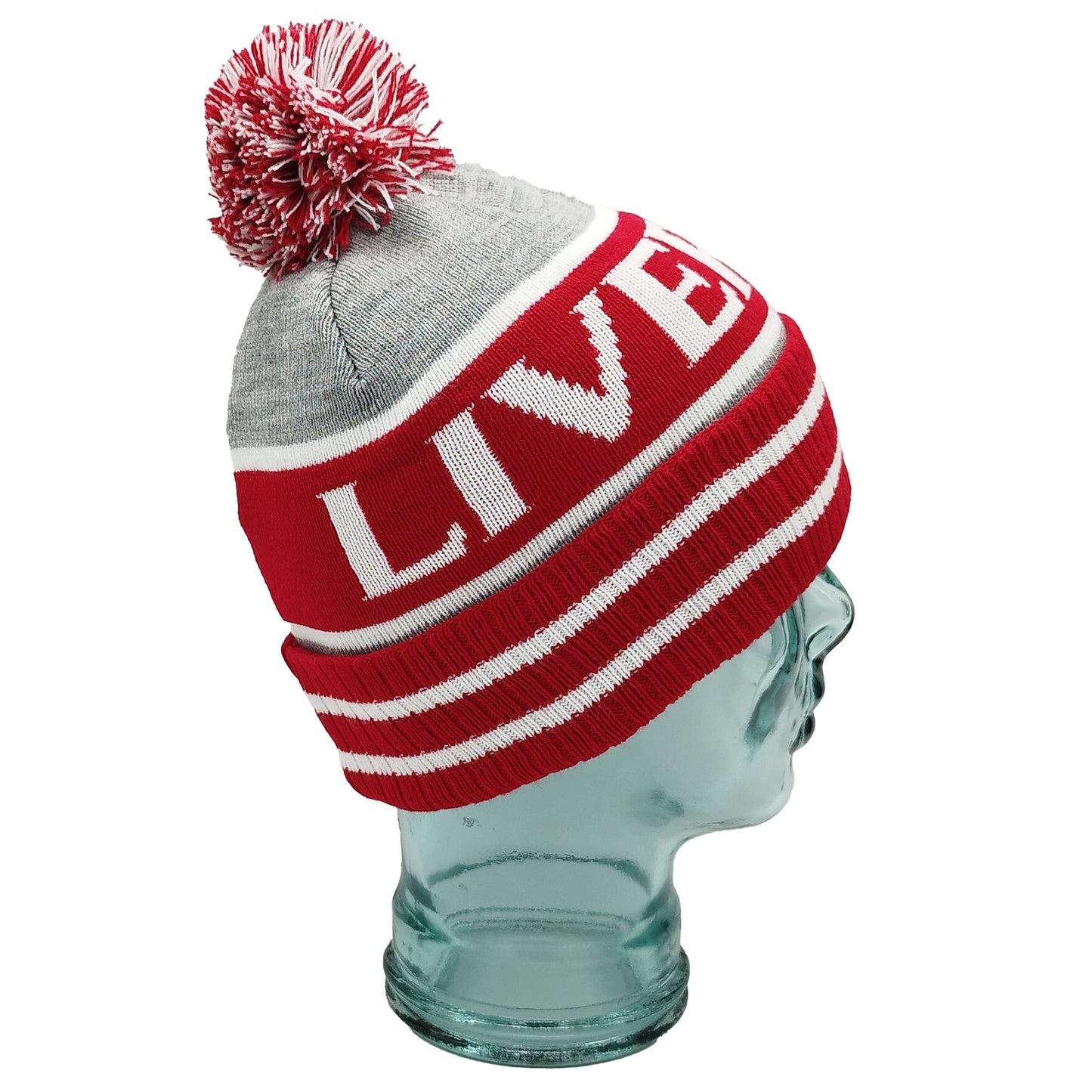 Red White & Grey Liverpool Bobble Hat - Ribbed Cuff