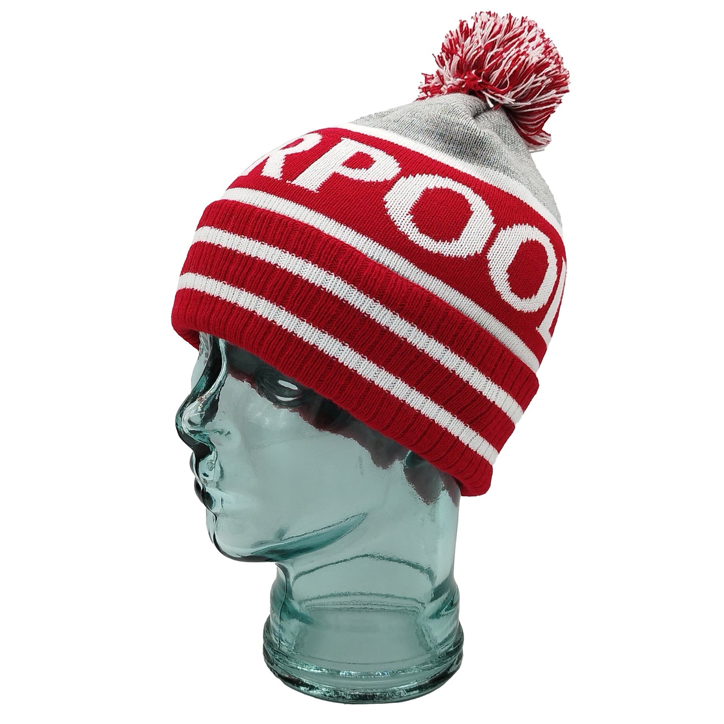 Red White & Grey Liverpool Bobble Hat - Ribbed Cuff