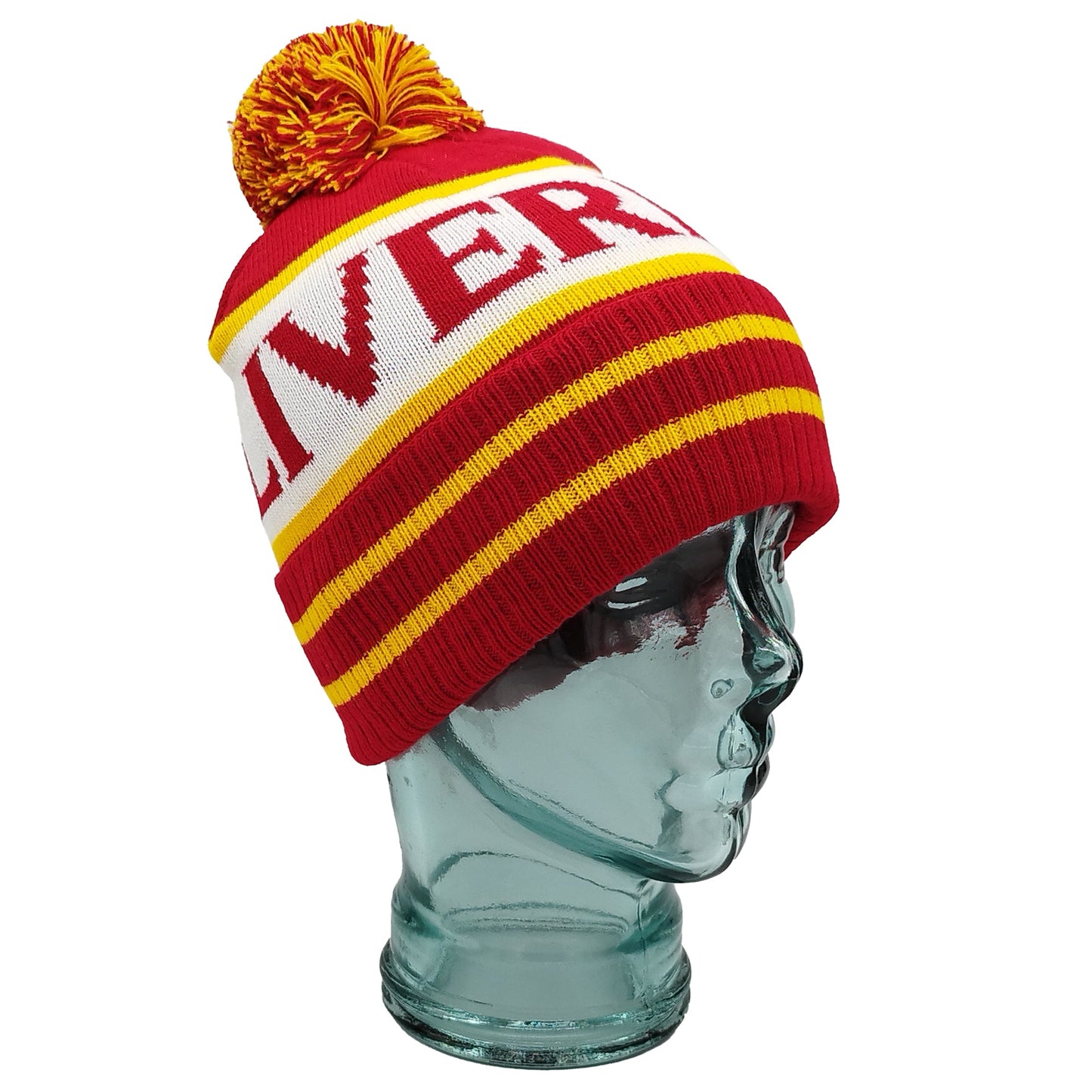 Red White & Yellow Liverpool Bobble Hat-Ribbed Cuff