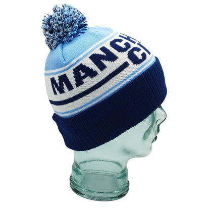 Manchester City Sky Blue Navy & White Bobble Hat - Ribbed Cuff