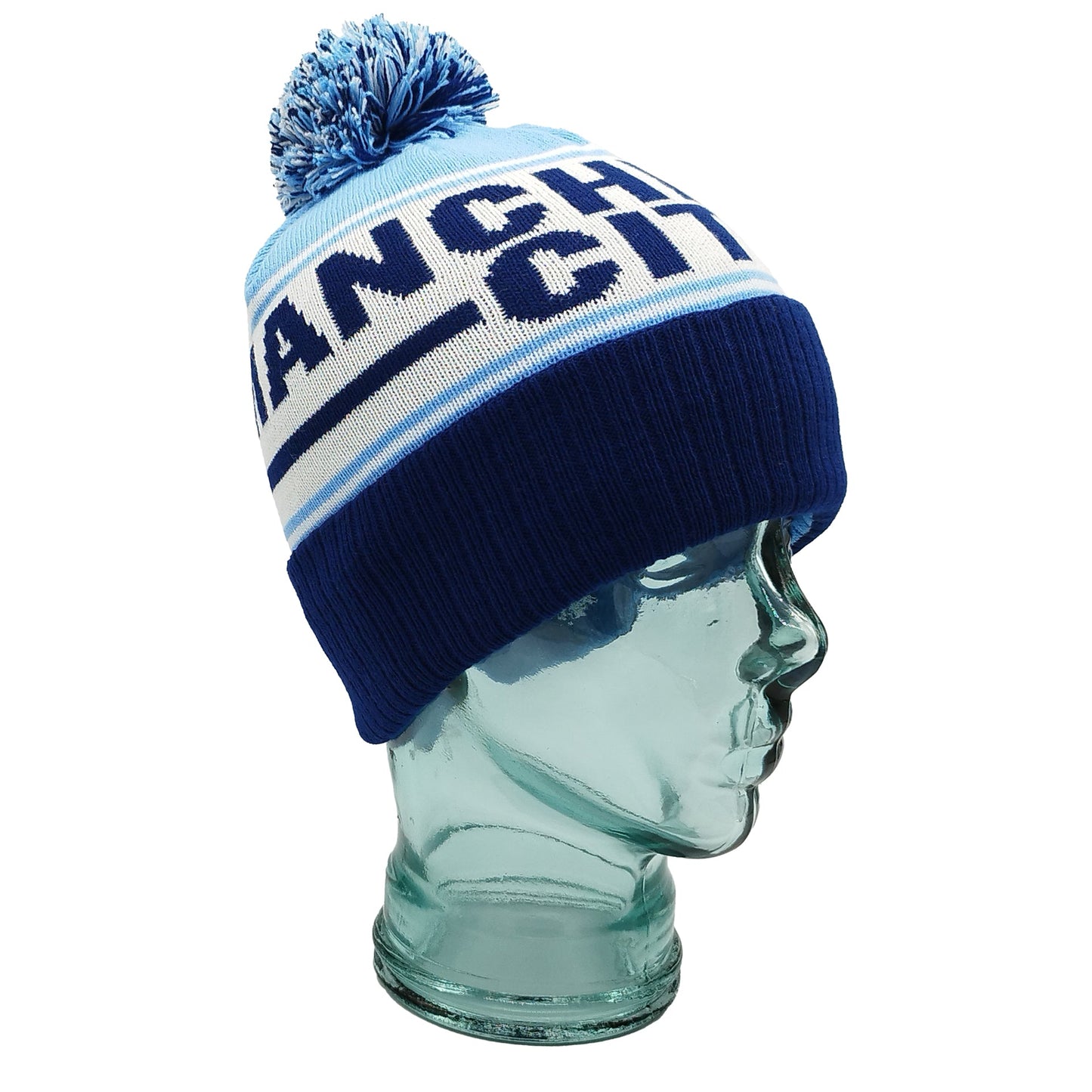 Manchester City Sky Blue Navy & White Bobble Hat - Ribbed Cuff