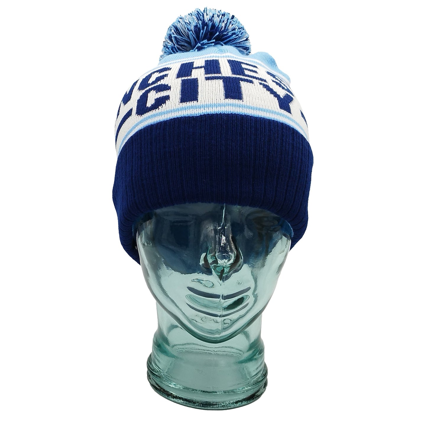 Manchester City Sky Blue Navy & White Bobble Hat - Ribbed Cuff