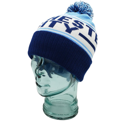 Manchester City Sky Blue Navy & White Bobble Hat - Ribbed Cuff